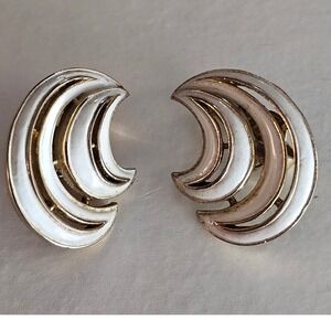Trifari Vintage Gold Tone White Enamel C Swirl Clip On Earrings.